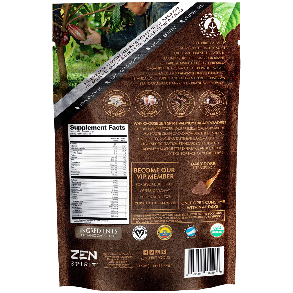 Cacao Powder Organic - 1 Pound - Unsweetened Premium Grade