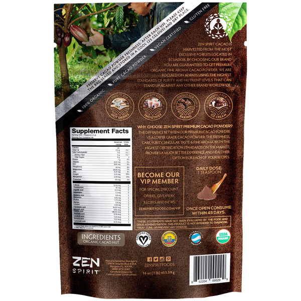 Cacao Powder Organic - 1 Pound - Unsweetened Premium Grade